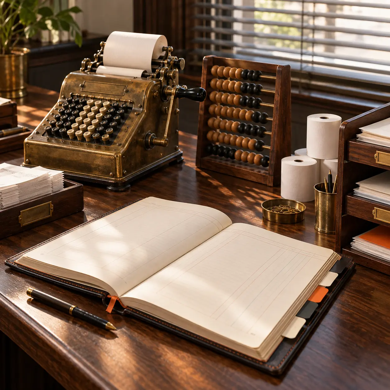 Analog bookkeeping workspace with brass adding machine, abacus, receipt rolls, blank cashbook and orange paper tabs