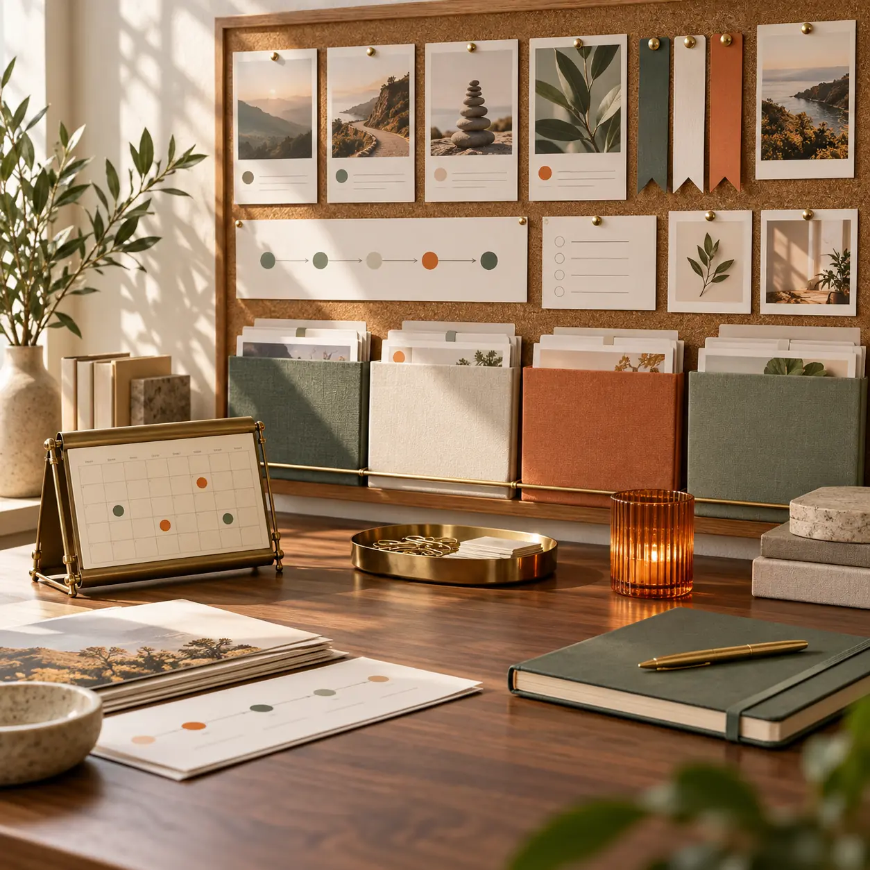 Editorial coaching operations workspace with milestone cards, client folders, progress timeline and warm orange accent light