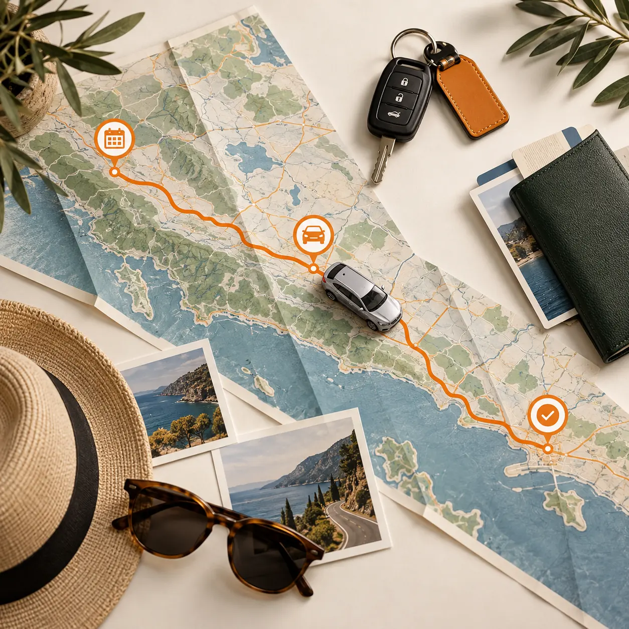 Top-down travel-planning tableau with rental car key, route map, milestone markers and warm orange accents