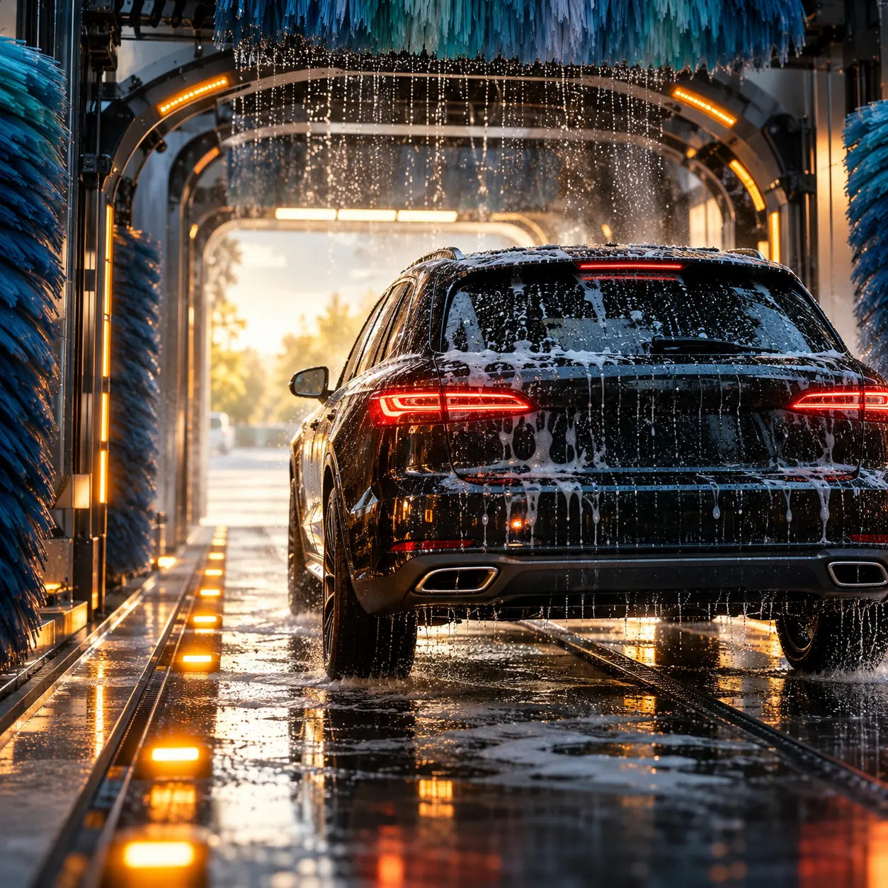 Premium car wash tunnel with vehicle, water, blue brushes and amber stage lights leading toward the exit