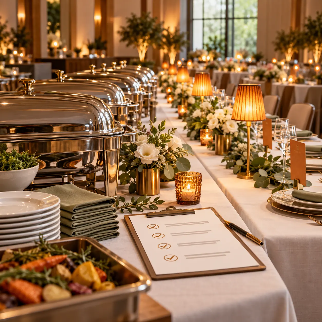 Elegant catered event room with covered serving trays, linen tables, amber lamps and a staging checklist