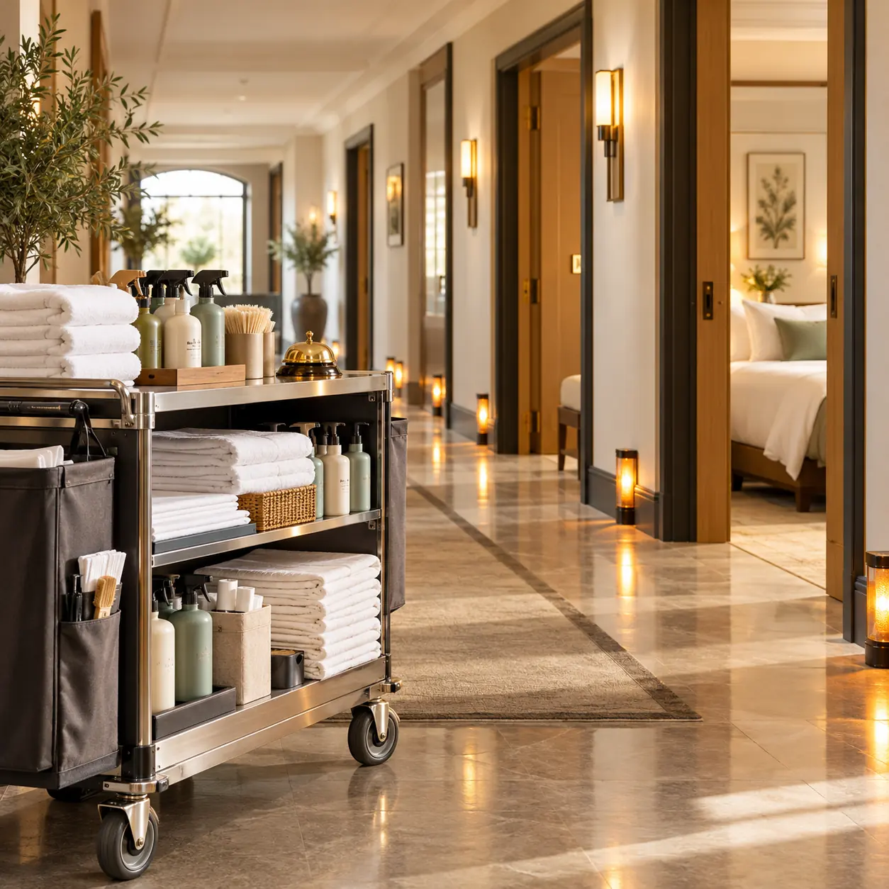 Boutique hotel corridor with organized cleaning cart, fresh towels, spray bottles and warm amber room lights