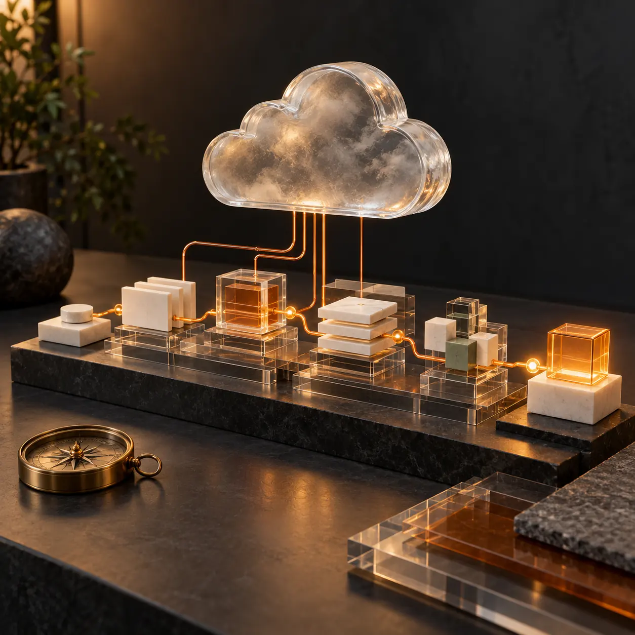 Conceptual cloud consulting model with glass cloud sculpture, modular blocks, copper pathways, amber light and brass compass