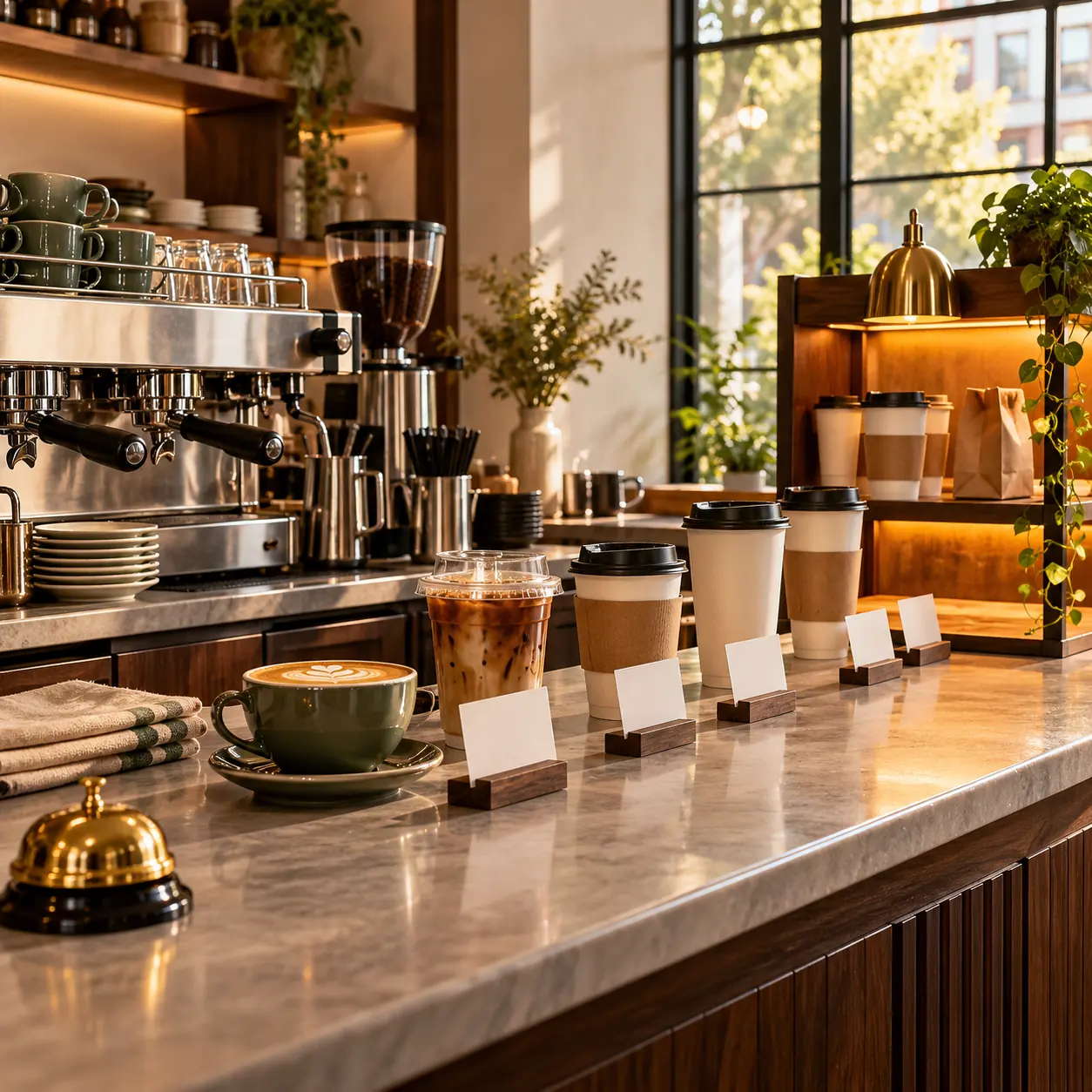 Warm coffee shop counter with espresso machine, takeaway cups, blank order cards, pickup shelf and brass service bell
