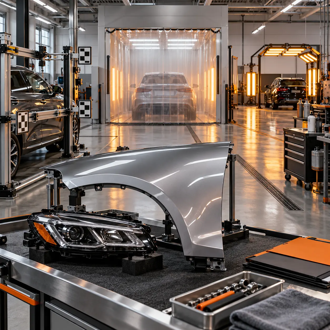Collision repair workshop with replacement body panel, headlamp, measuring frame, paint booth and amber stage lights