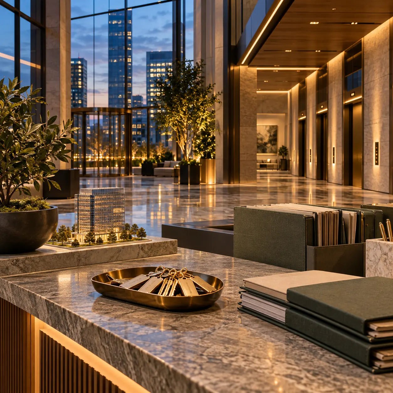 Commercial office tower lobby at dusk with concierge counter, brass keys, tenant folders and architectural building model