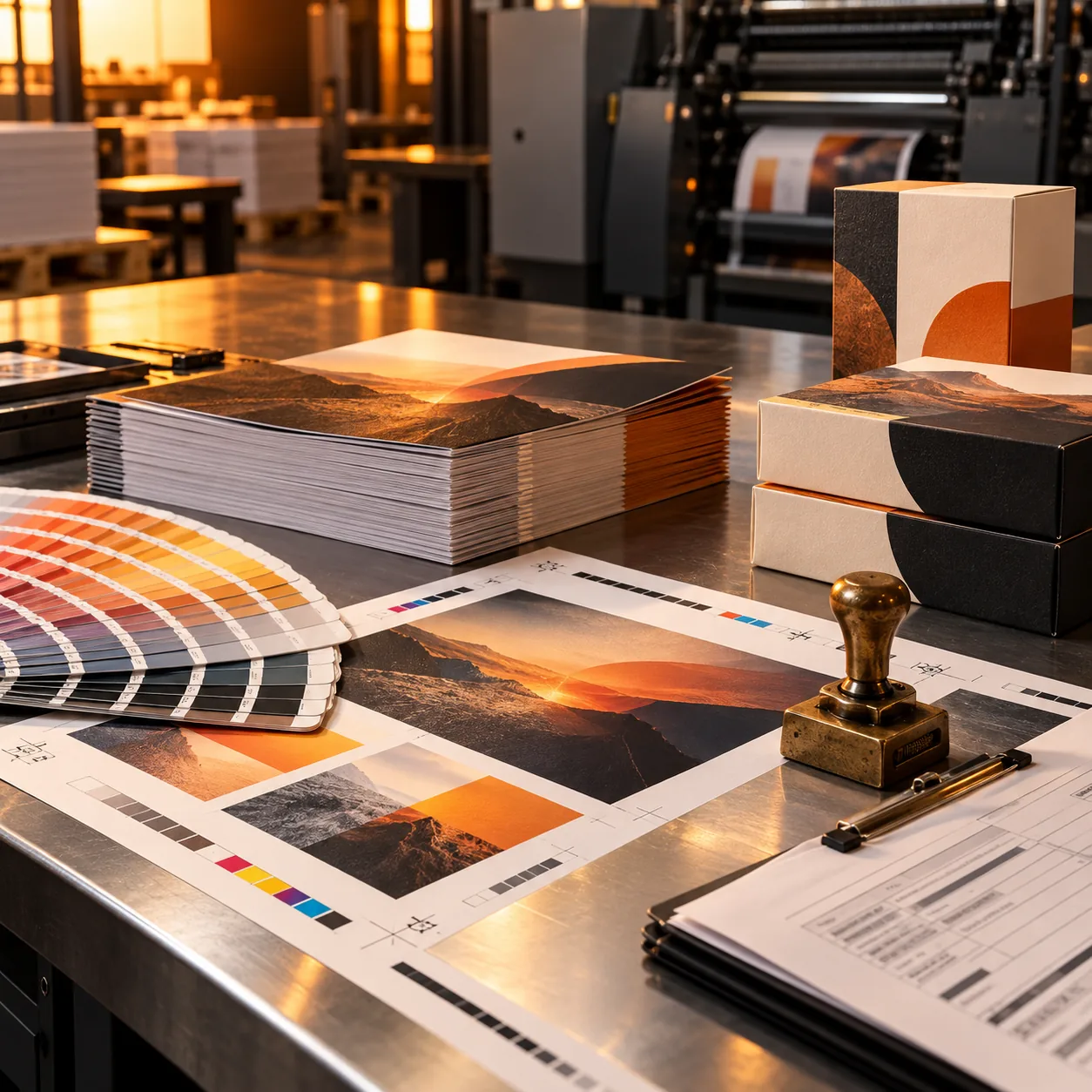 Commercial print production table with color swatches, proof sheets, finished brochures and packaging beside an offset press