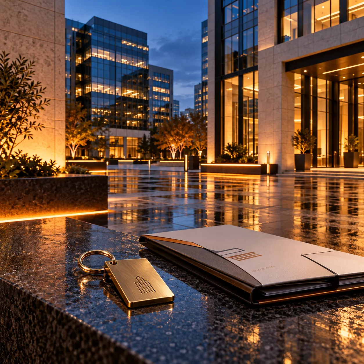 Rainy blue-hour commercial office district with illuminated buildings, a brass key fob and property folder on a stone ledge