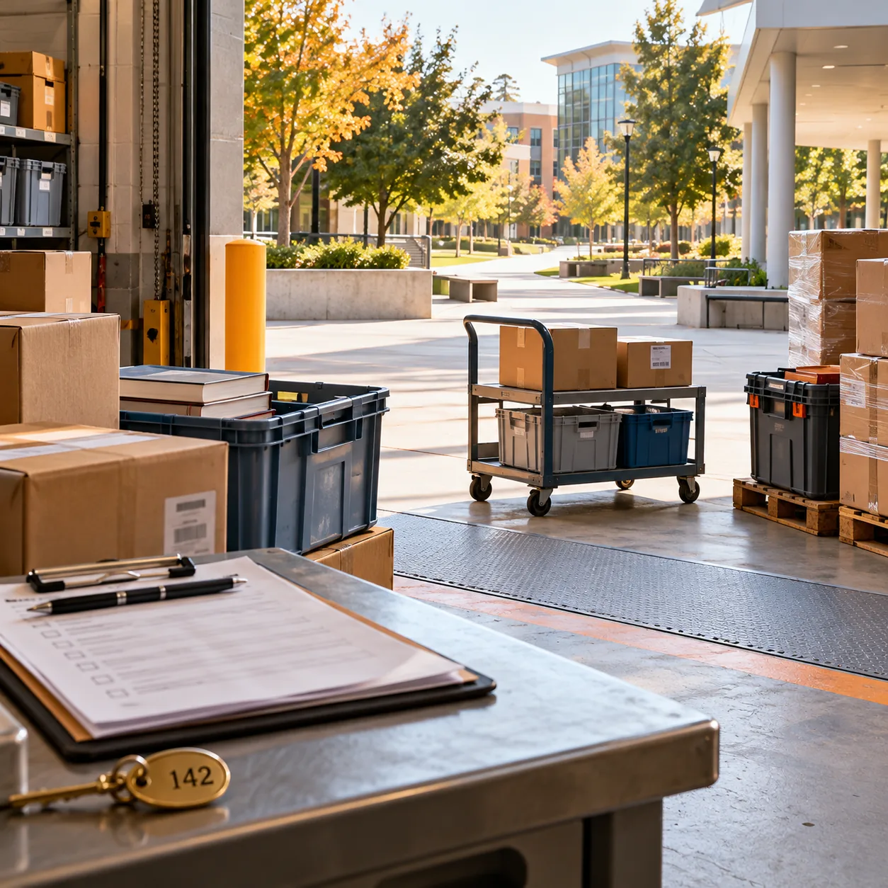 Community college receiving dock with campus deliveries, textbook boxes, rolling carts, a clipboard and brass key tag
