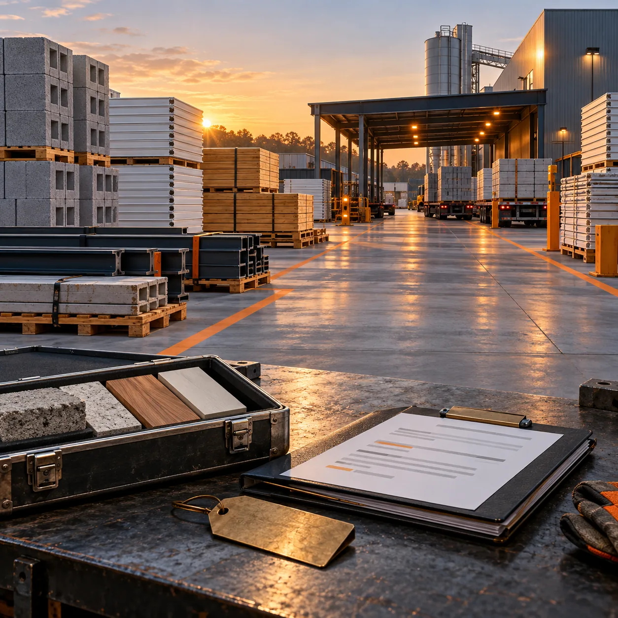 Construction material manufacturing yard with concrete blocks, insulated panels, timber, steel beams and a shipment folder at sunrise