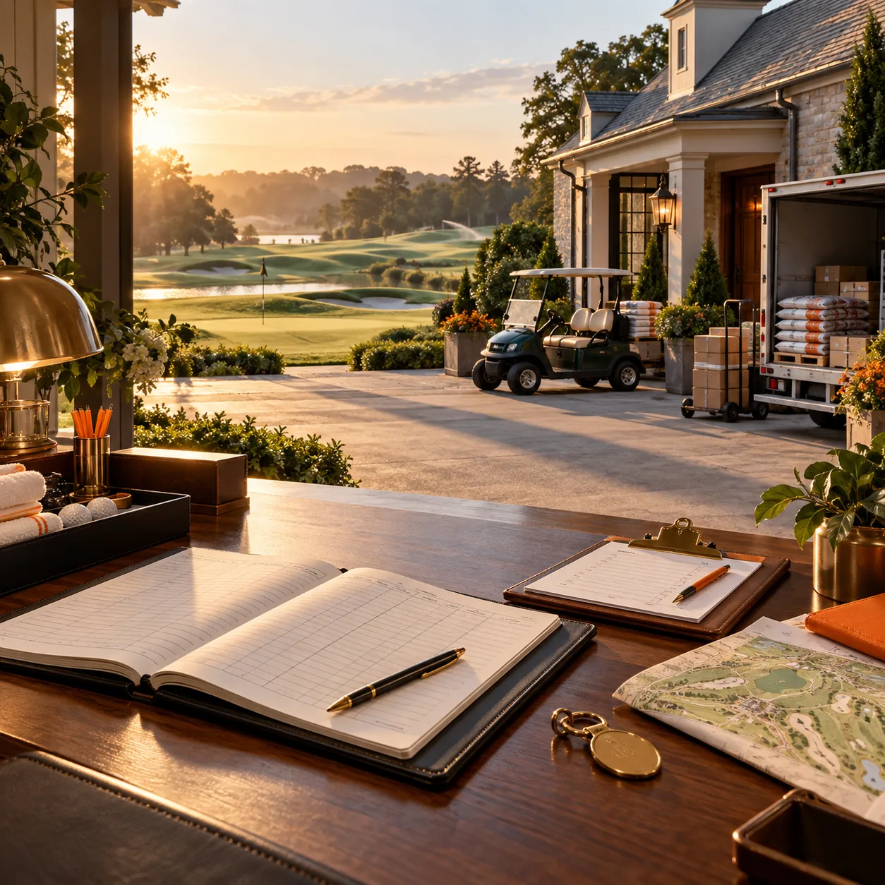 Country club clubhouse service entrance with a golf cart, delivery supplies, course map and order ledgers at sunrise