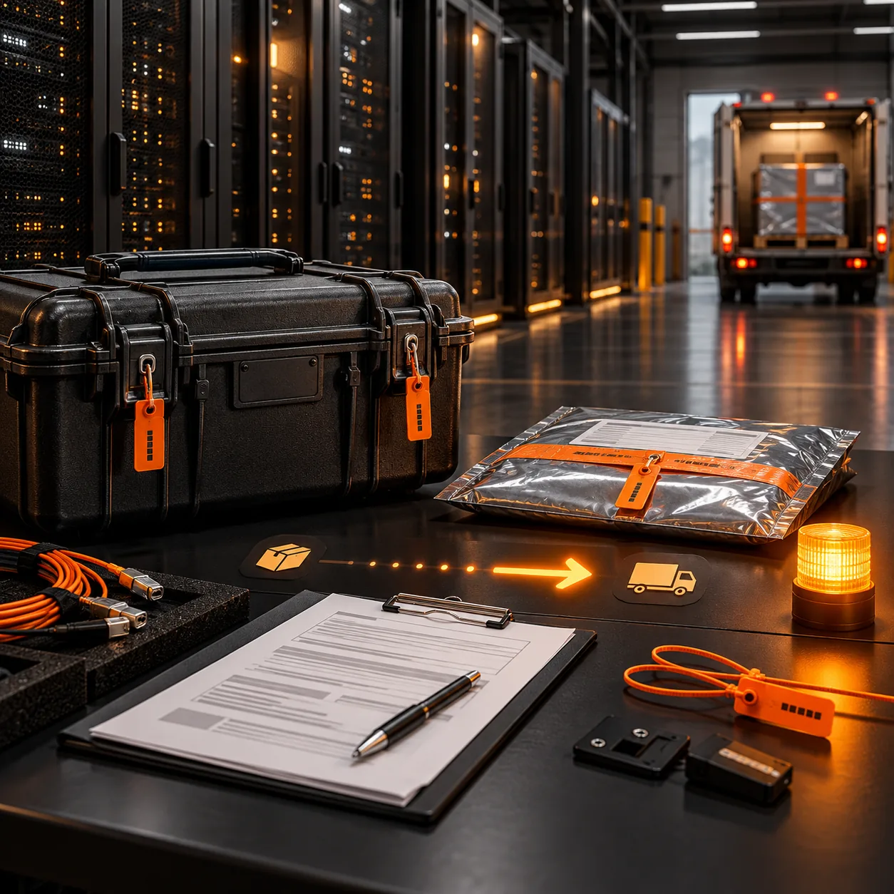 Secure data center logistics scene with tamper-evident equipment cases, orange security seals, fiber cables and a delivery vehicle