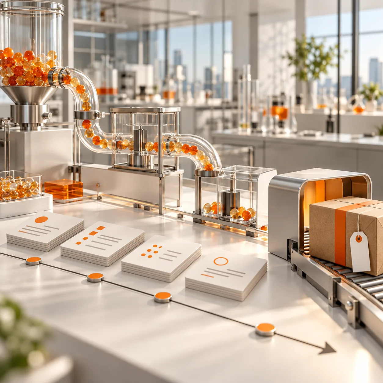 Bright data analytics laboratory with translucent orange data-flow tubes, milestone cards and a packaged delivery on a conveyor
