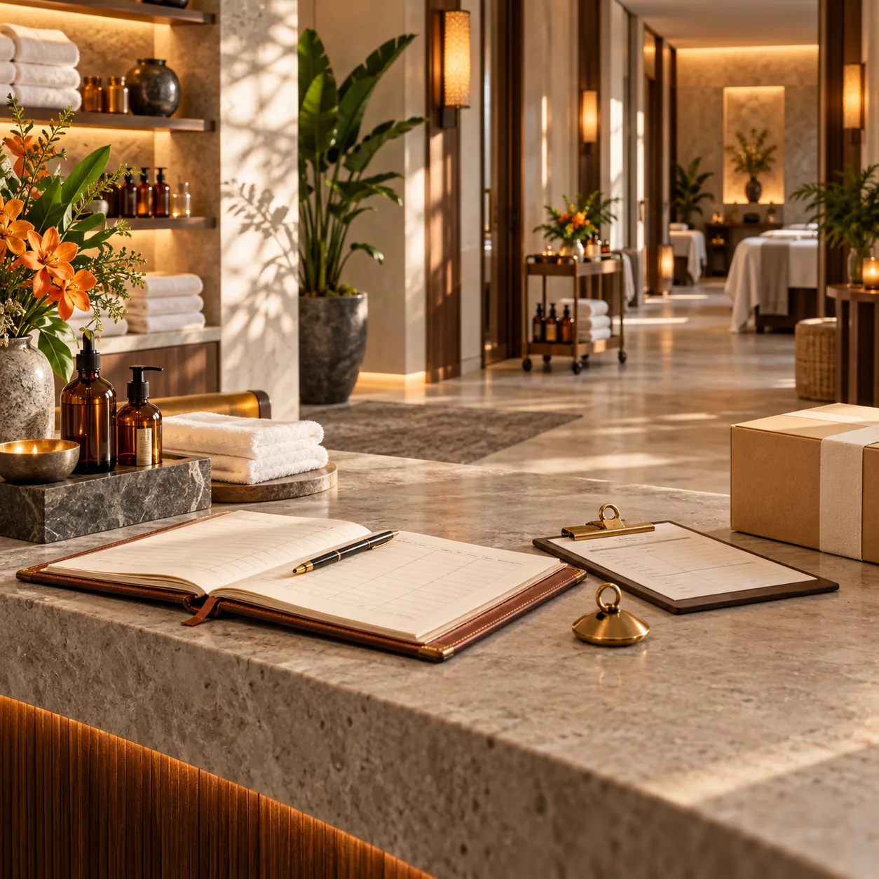 Day spa reception counter with towels, treatment supplies, appointment ledgers and a delivery box in a warmly lit spa corridor