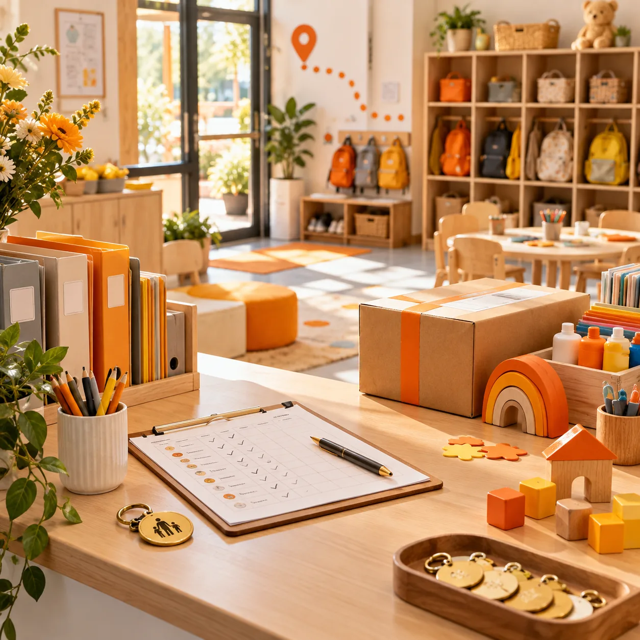 Bright daycare reception with cubbies, classroom supplies, a physical attendance ledger and an orange-taped delivery box