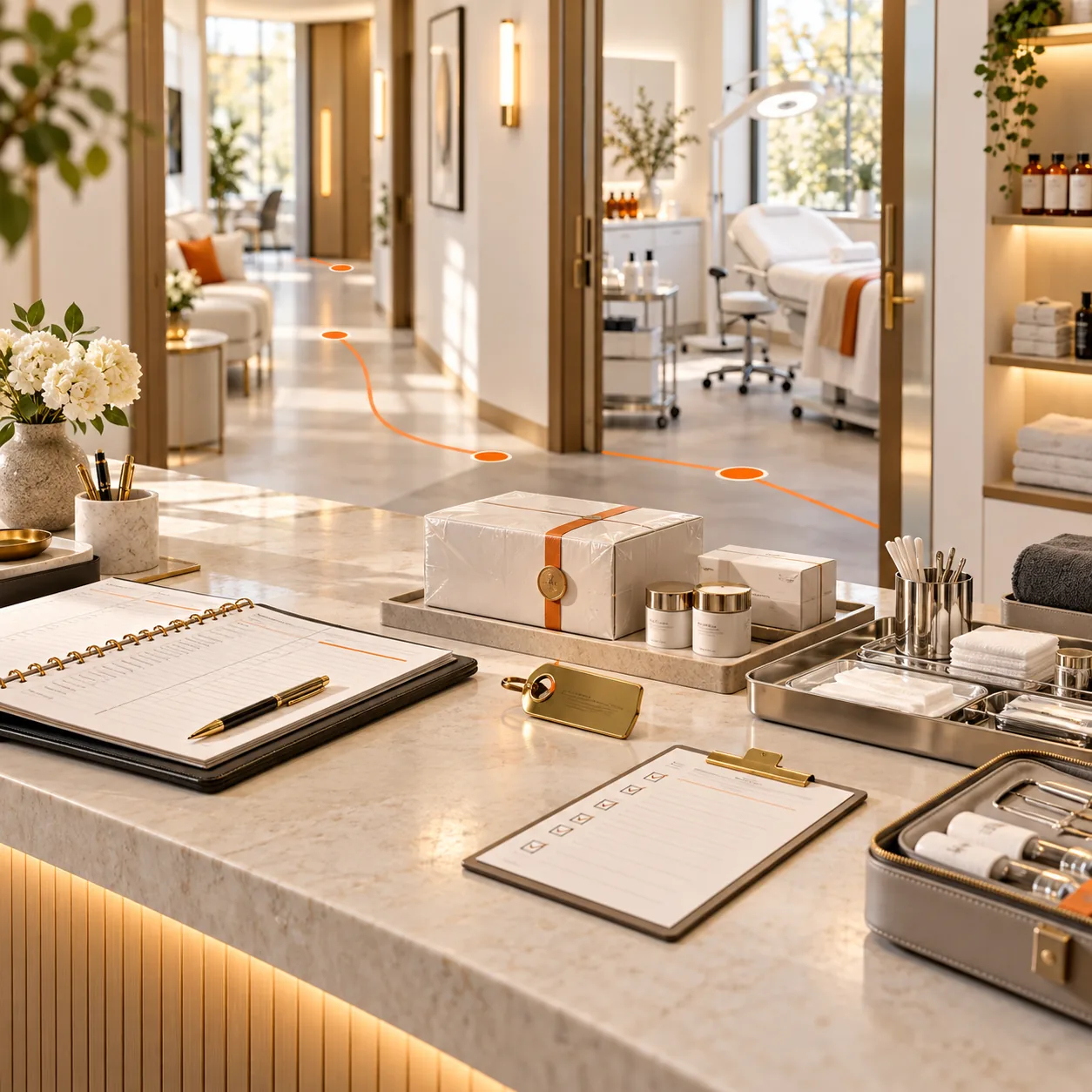 Bright dermatology clinic reception with appointment ledgers, skincare supplies, sterile trays and a treatment-room delivery