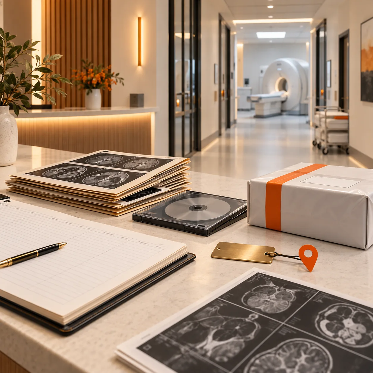 Diagnostic imaging center reception with radiology study envelopes, imaging discs, a courier package and an MRI room in the background