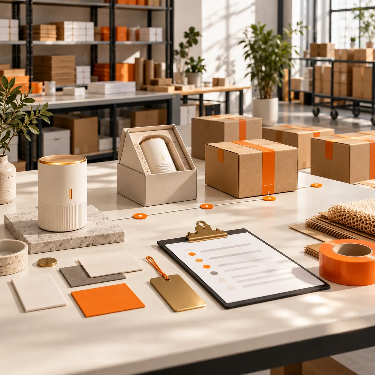 Bright digital product studio with packaged product prototypes, fulfillment boxes, milestone cards and orange shipping markers