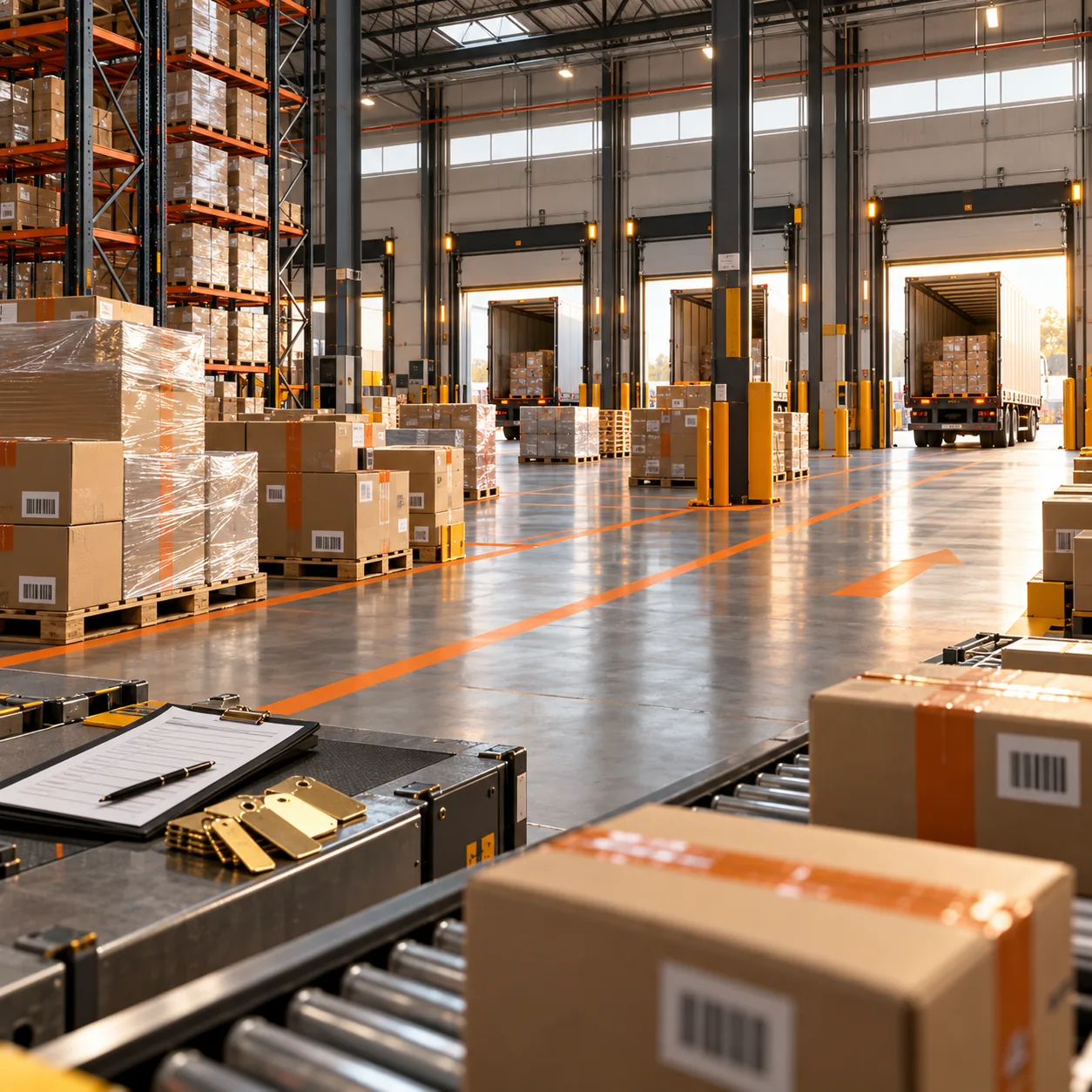 Distribution center loading docks with pallet stacks, outbound cartons, orange floor lanes and a dispatch clipboard