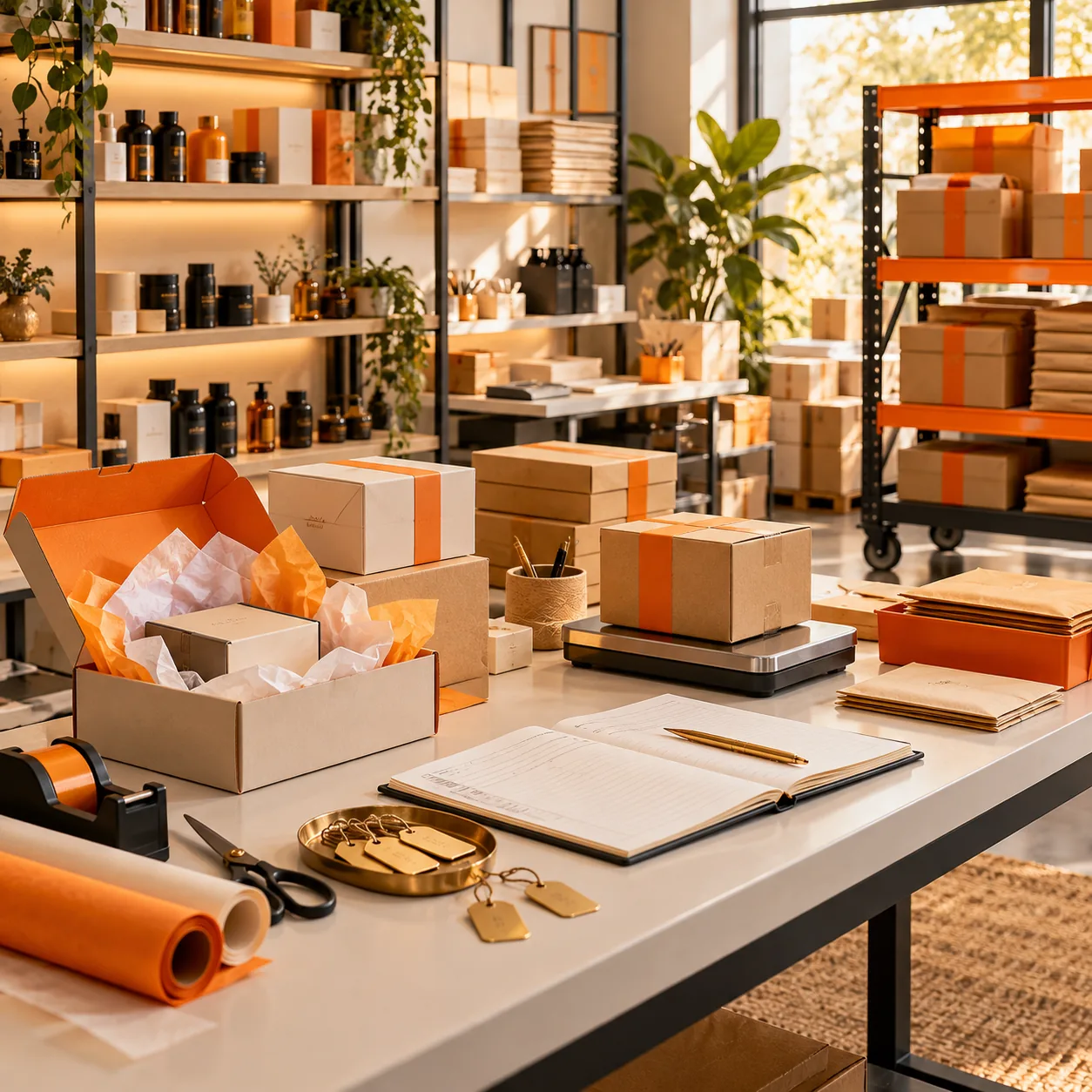 Ecommerce fulfillment studio with product shelves, prepared customer parcels, order ledger and orange dispatch markers