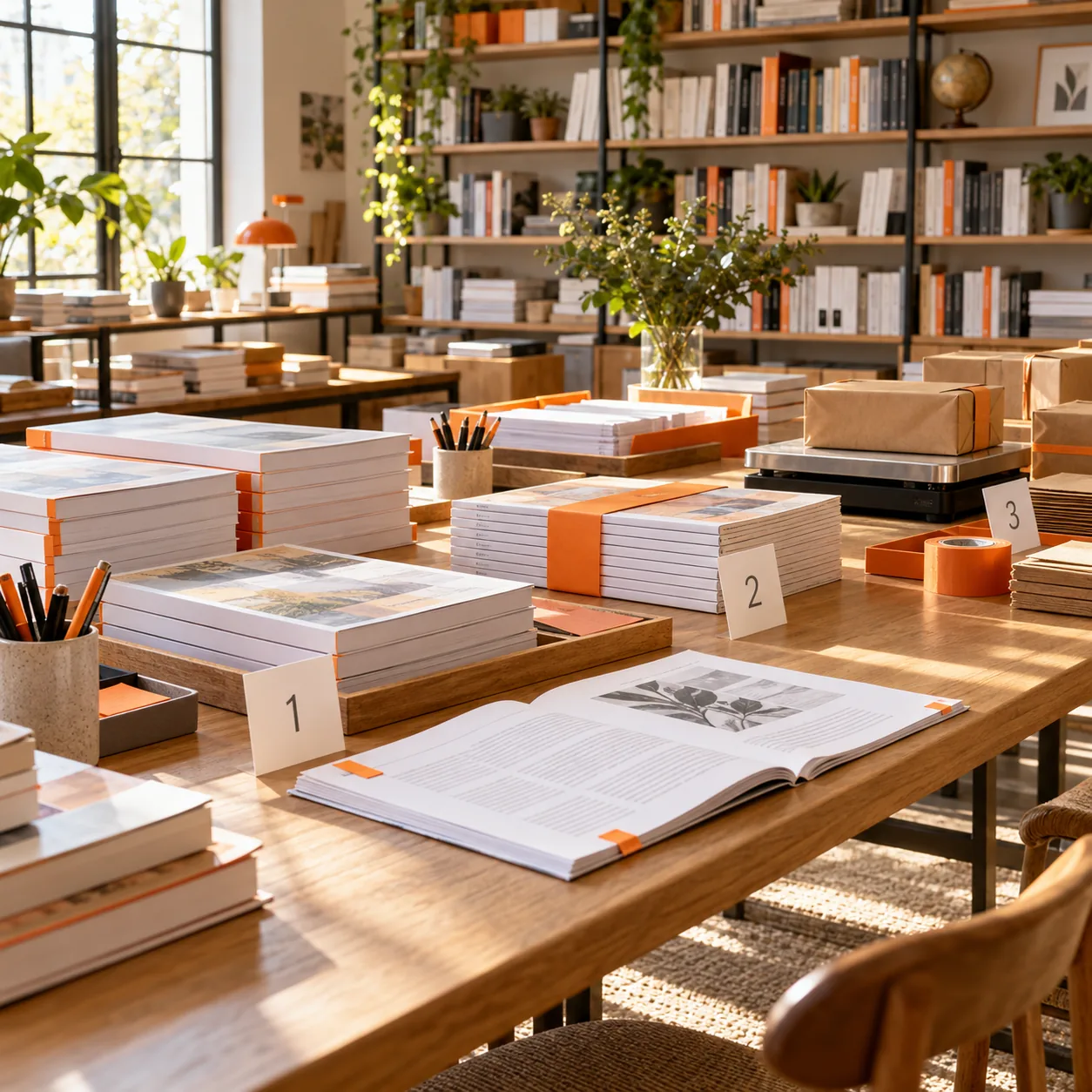 Educational publishing operations room with stacked textbooks, proof pages, school parcels, library shelves and orange dispatch markers