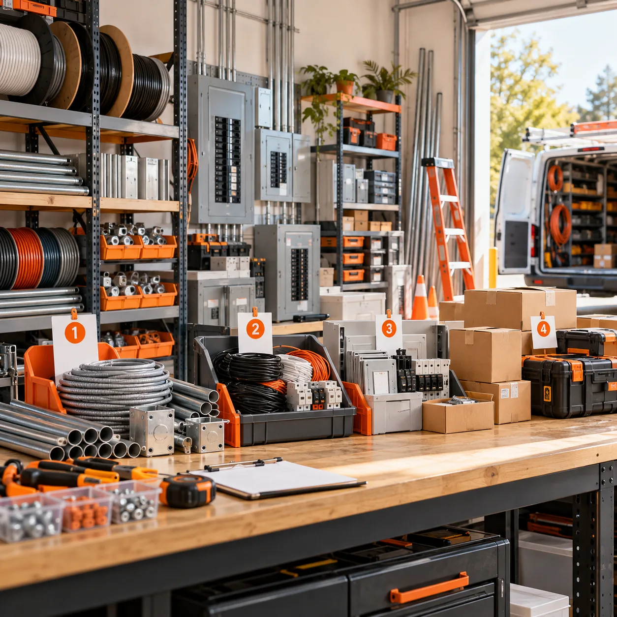 Electrical contractor dispatch workshop with cable reels, conduit, breaker panels, tool cases, equipment boxes and orange job-stage markers