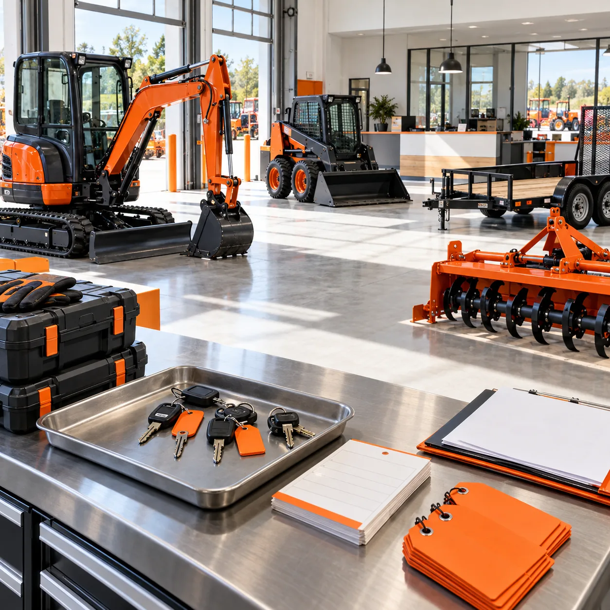 Equipment dealership delivery bay with compact excavator, skid steer, trailer, keys, inspection cards and orange delivery tags
