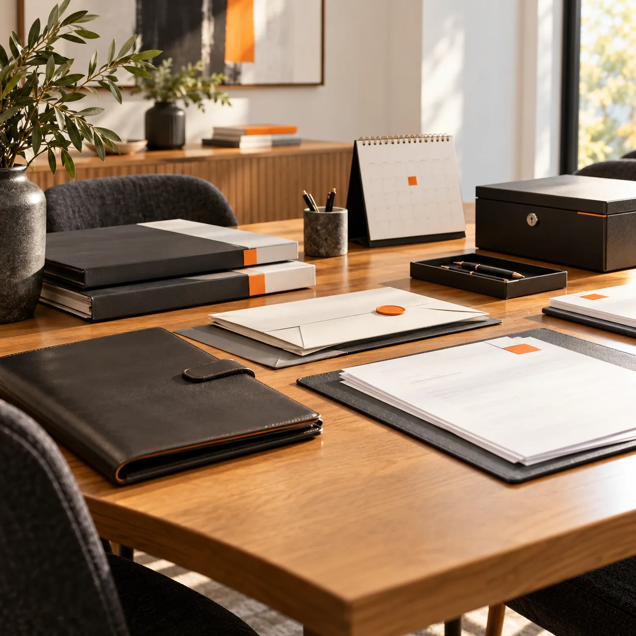 Private advisory meeting table with client folders, sealed envelopes, review calendar, secure document box and orange status markers