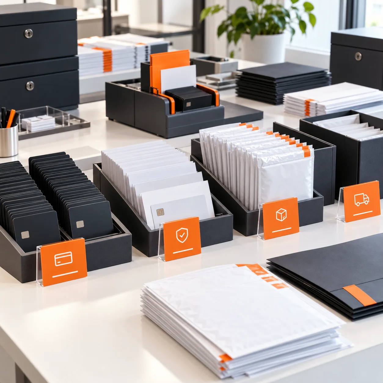 Fintech operations table with unbranded cards, secure mailers, verification trays, document folders and orange workflow markers