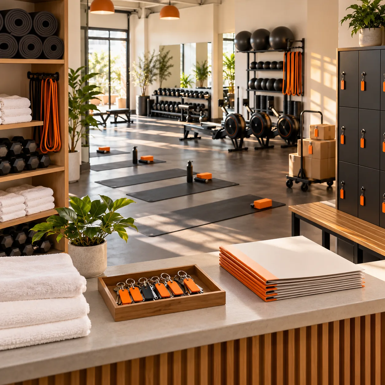 Fitness studio prepared for class with mats, rowers, dumbbells, lockers, towels, equipment boxes and orange member-status tags