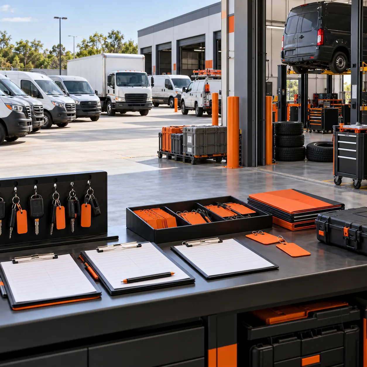 Fleet operations yard with delivery vans, box truck, service lift, keys, inspection cards, cargo crates and orange dispatch tags