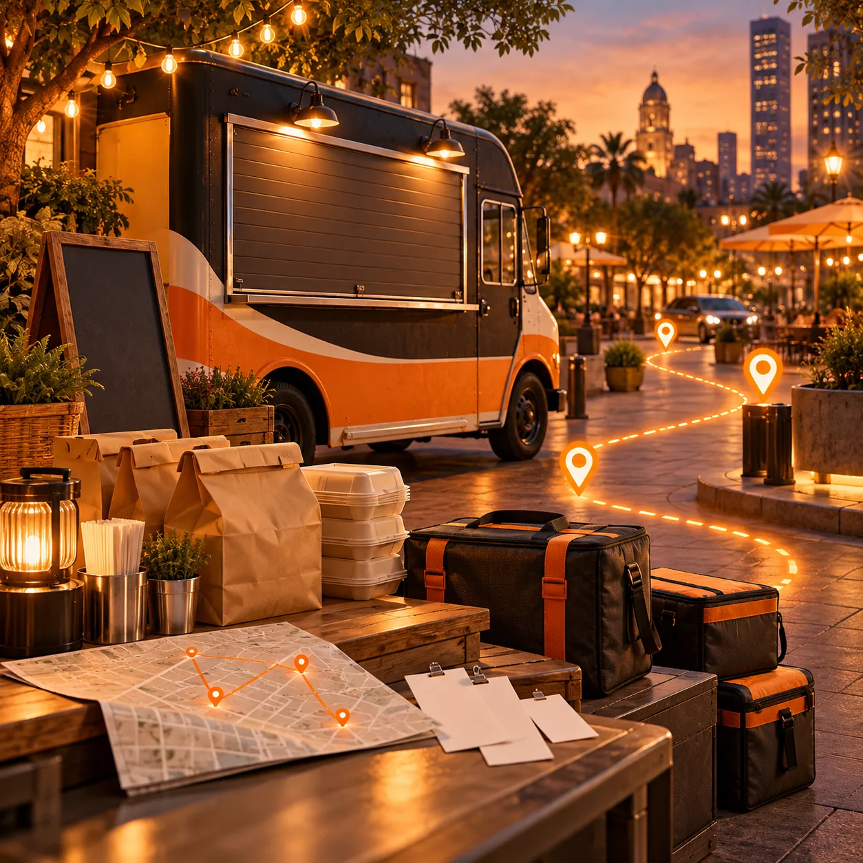 Food truck service scene with takeaway bags, insulated boxes, route map and glowing orange stop markers