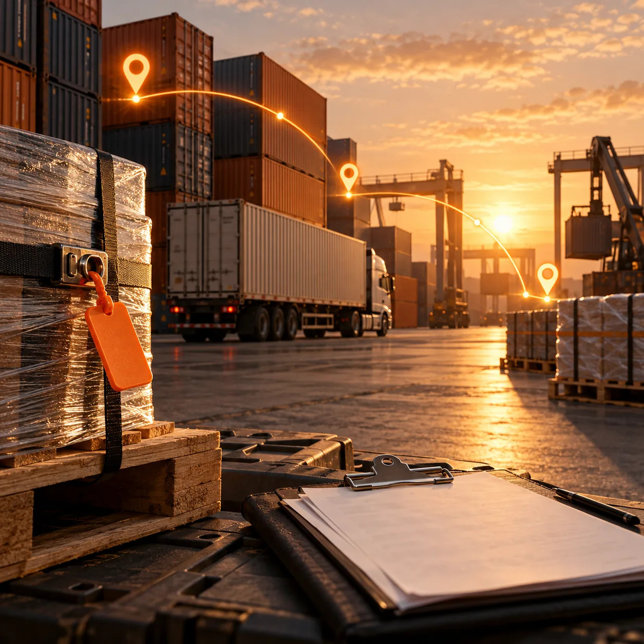 Freight brokerage cargo yard with containers, wrapped pallets, trailer and glowing orange route nodes