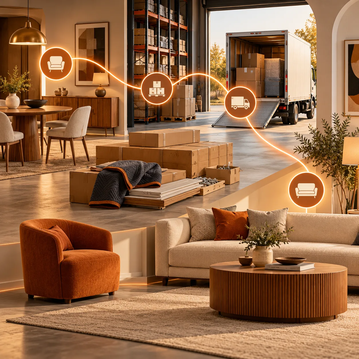 Furniture showroom and warehouse scene with boxed pieces, delivery truck and orange order milestone path