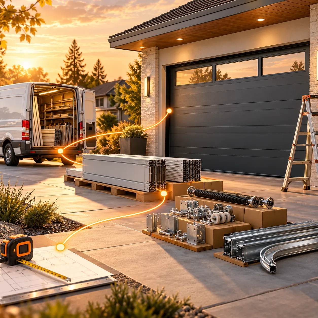 Garage door installation staging with sectional door, panels, tracks, hardware, service van and orange milestone path
