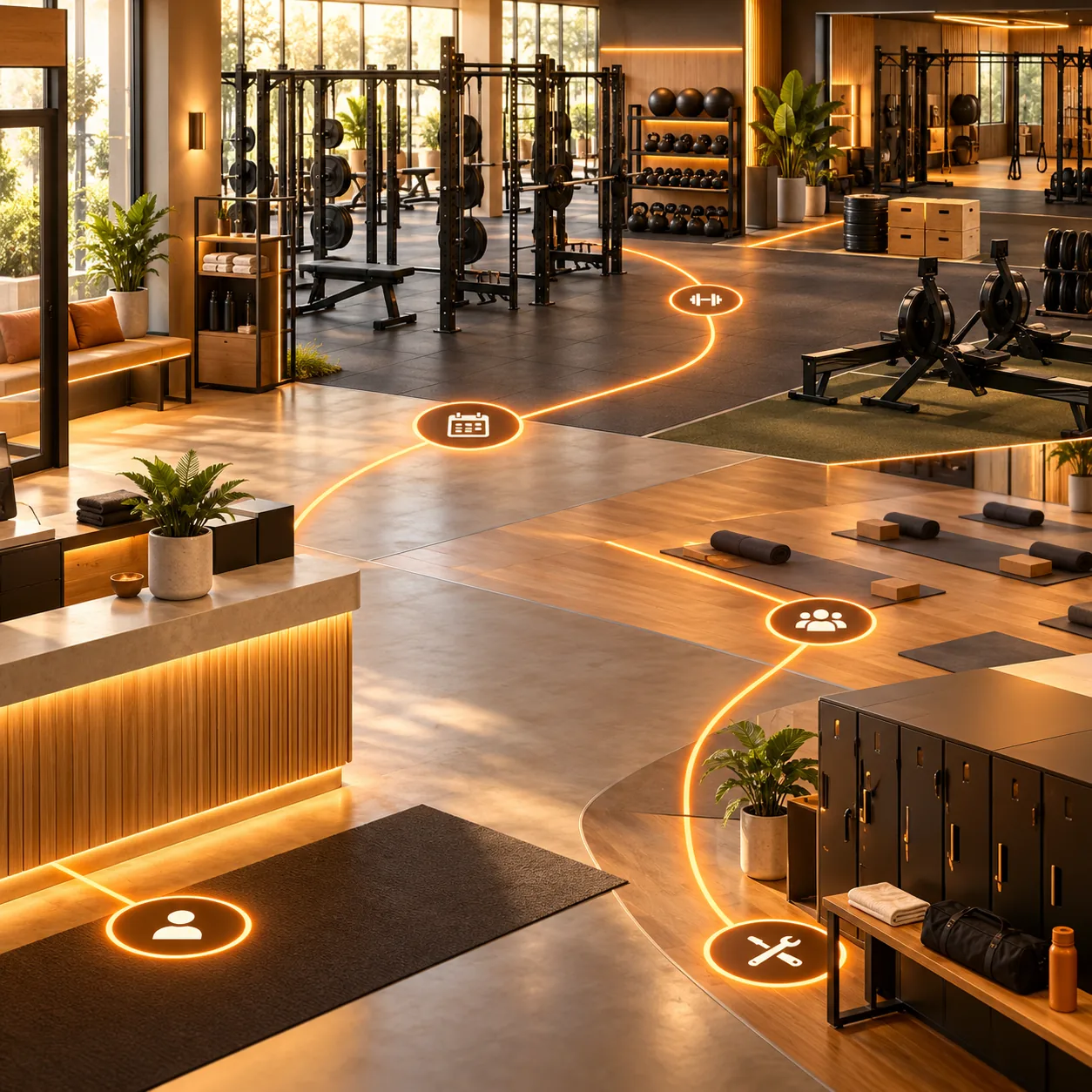Modern gym interior with training zones, lockers, reception and orange member-service milestone path