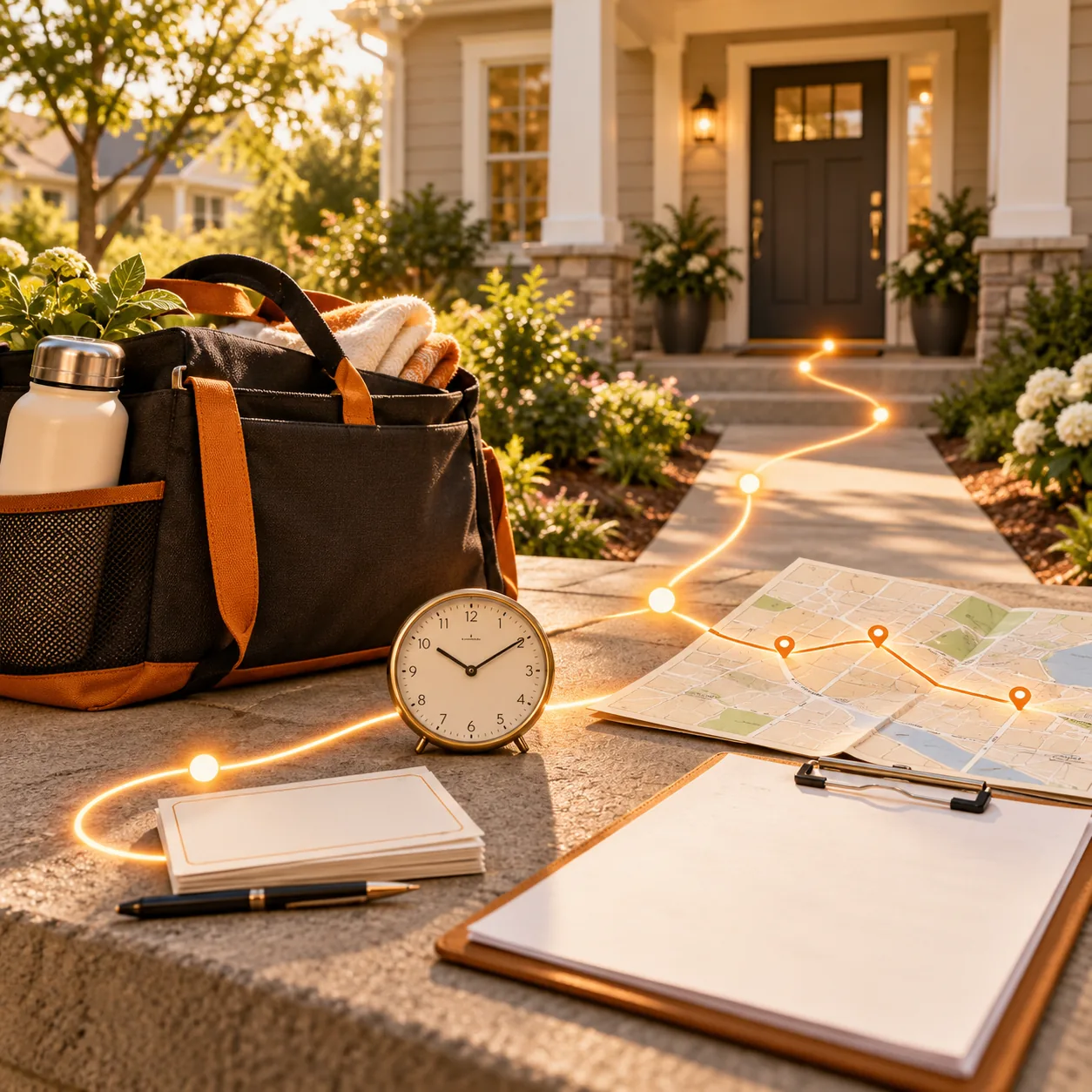 Home health visit coordination scene with welcoming home, care bag, clock, route map and orange milestone path