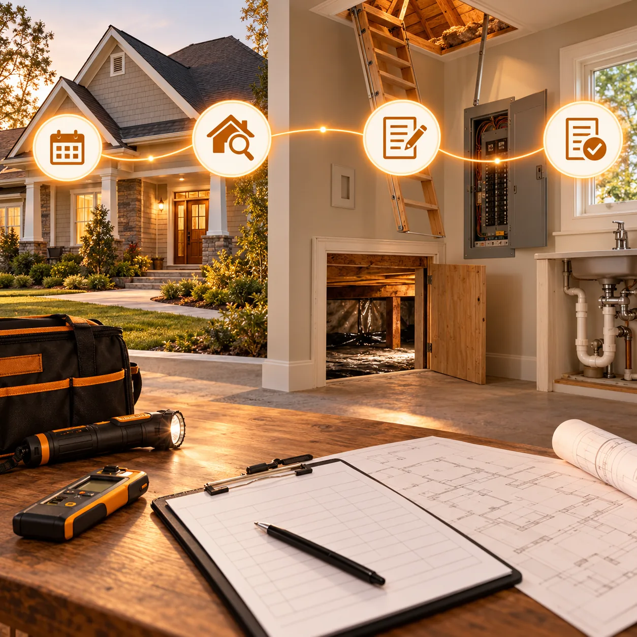 Home inspection workflow with house, inspection tools, blank report forms and orange milestone path