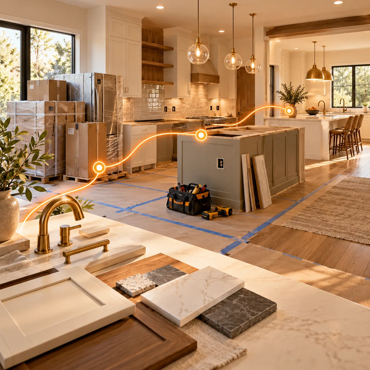 Home remodeling kitchen scene with cabinets, appliances, material samples, tools and orange project milestone path