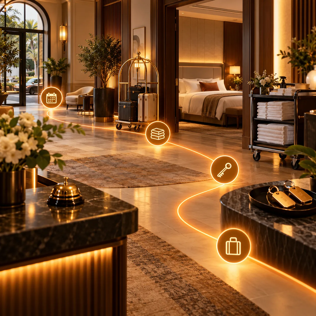 Hotel lobby and guest room scene with luggage, linens, housekeeping cart and orange guest-journey milestone path