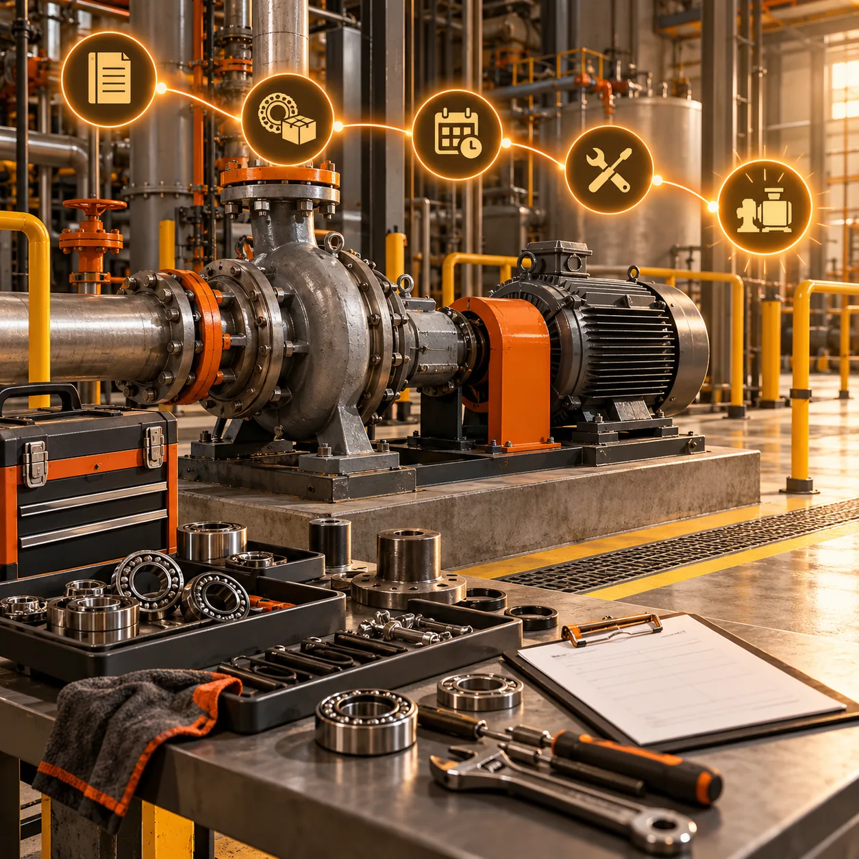 Industrial maintenance scene with pump, motor, replacement bearings, tools and orange service milestone path