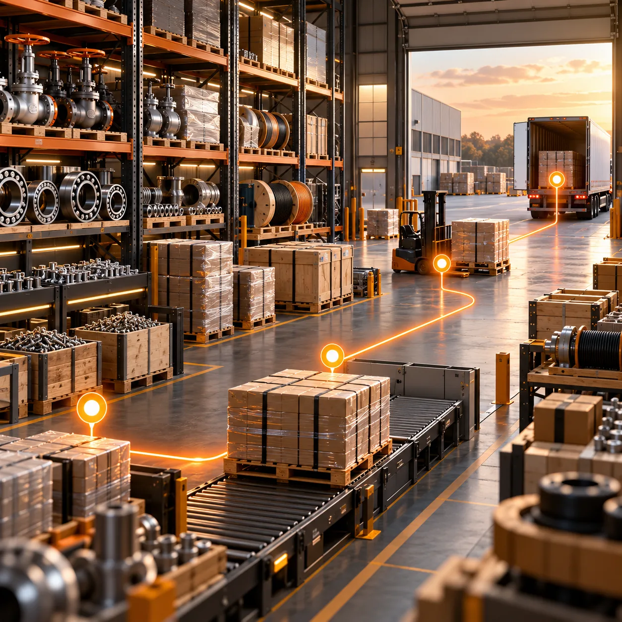 Industrial supply warehouse with valves, bearings, cable reels, pallets and orange order milestone path