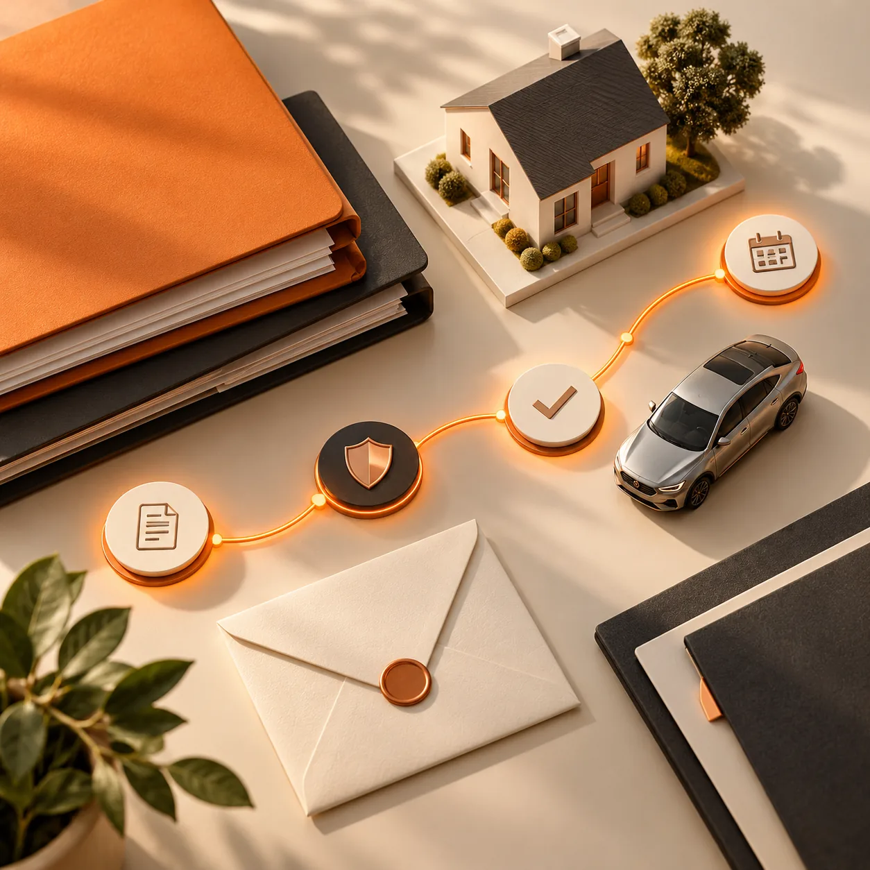 Top-down insurance service workspace with policy folders, home and car models, shield token and orange milestone path