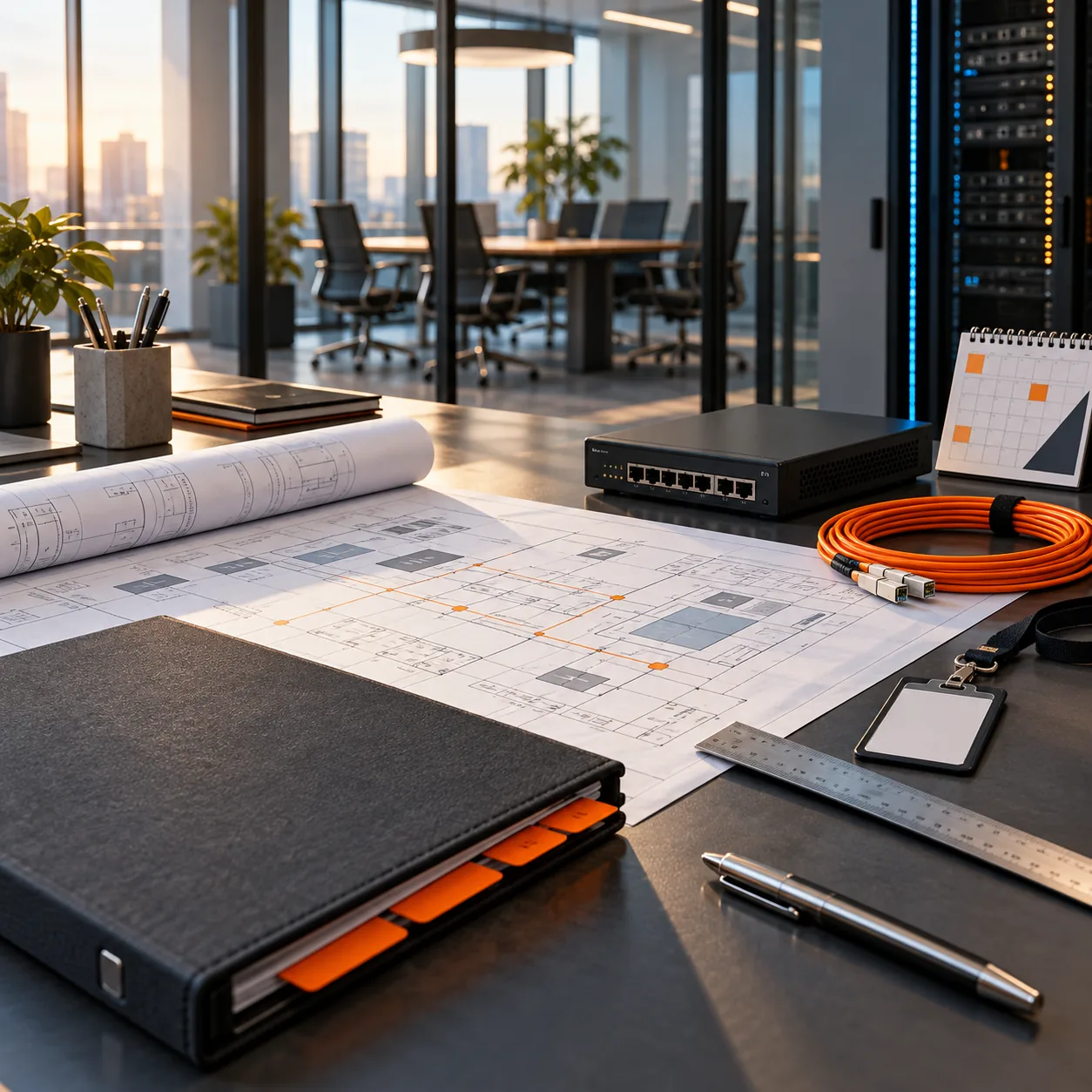 IT consulting project table with network architecture plans, compact router, orange fiber cable, milestone calendar, binder, server rack, and client meeting room