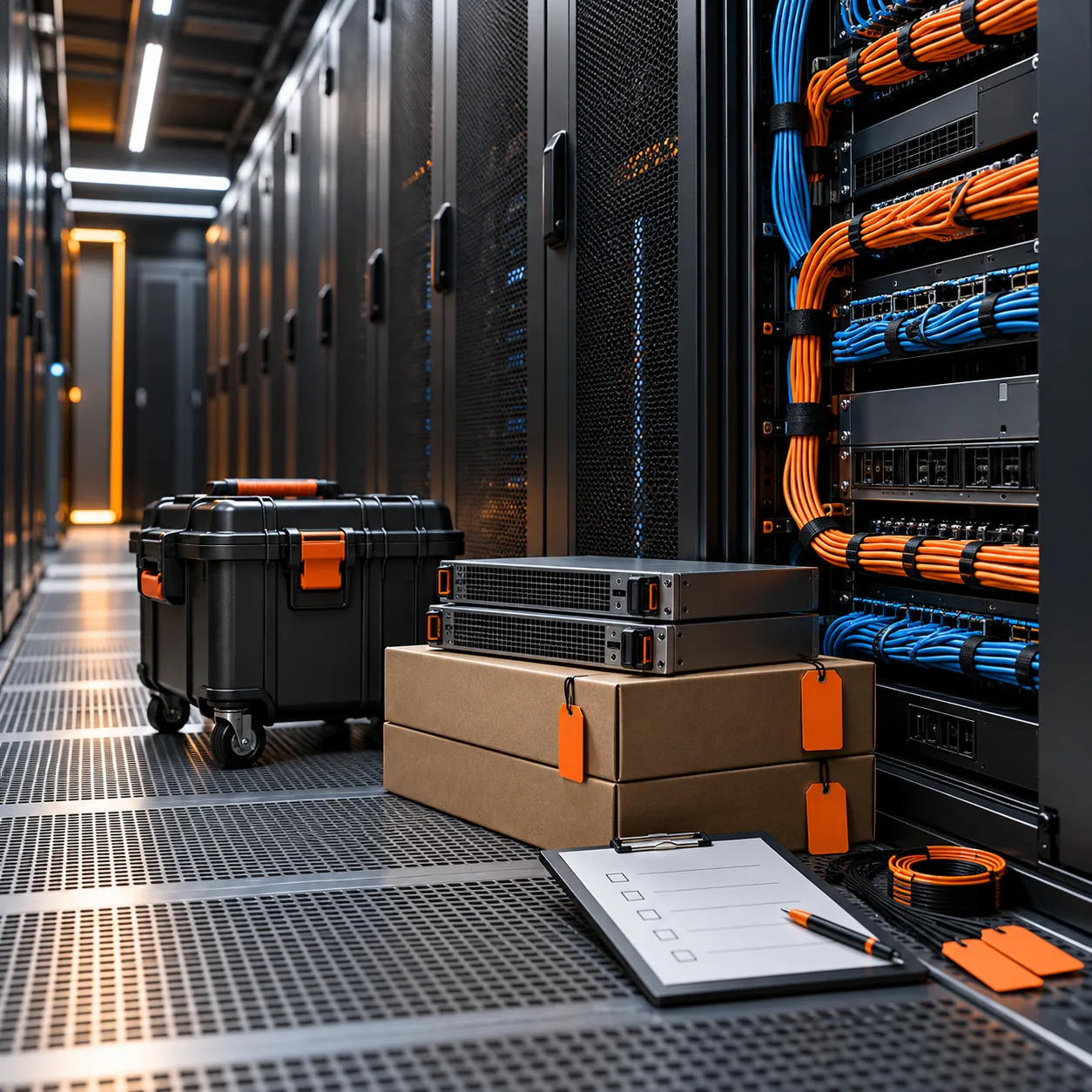 Data-center service corridor with charcoal server cabinets, orange and blue patch cables, rolling service case, replacement hardware, tags, and maintenance checklist