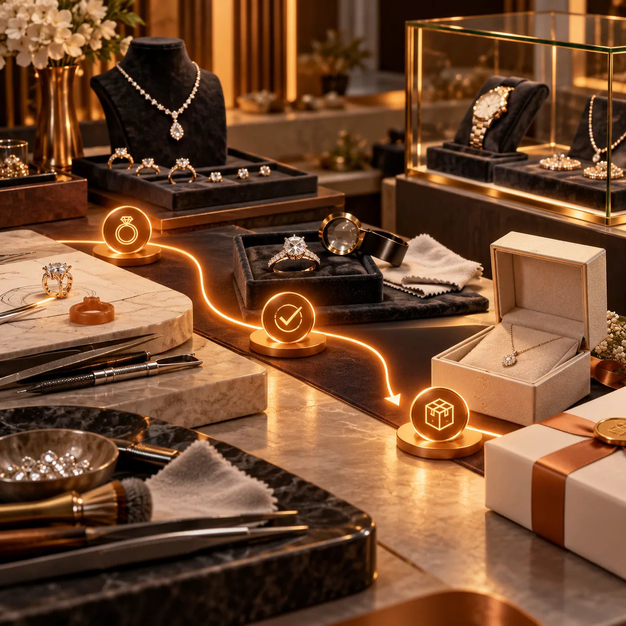 Jewelry atelier and display with rings, necklaces, watch, gift boxes and orange order milestone path