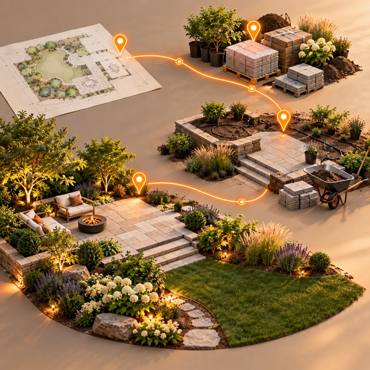 Landscape design-build project with planting beds, stone patio, irrigation and orange project milestone path