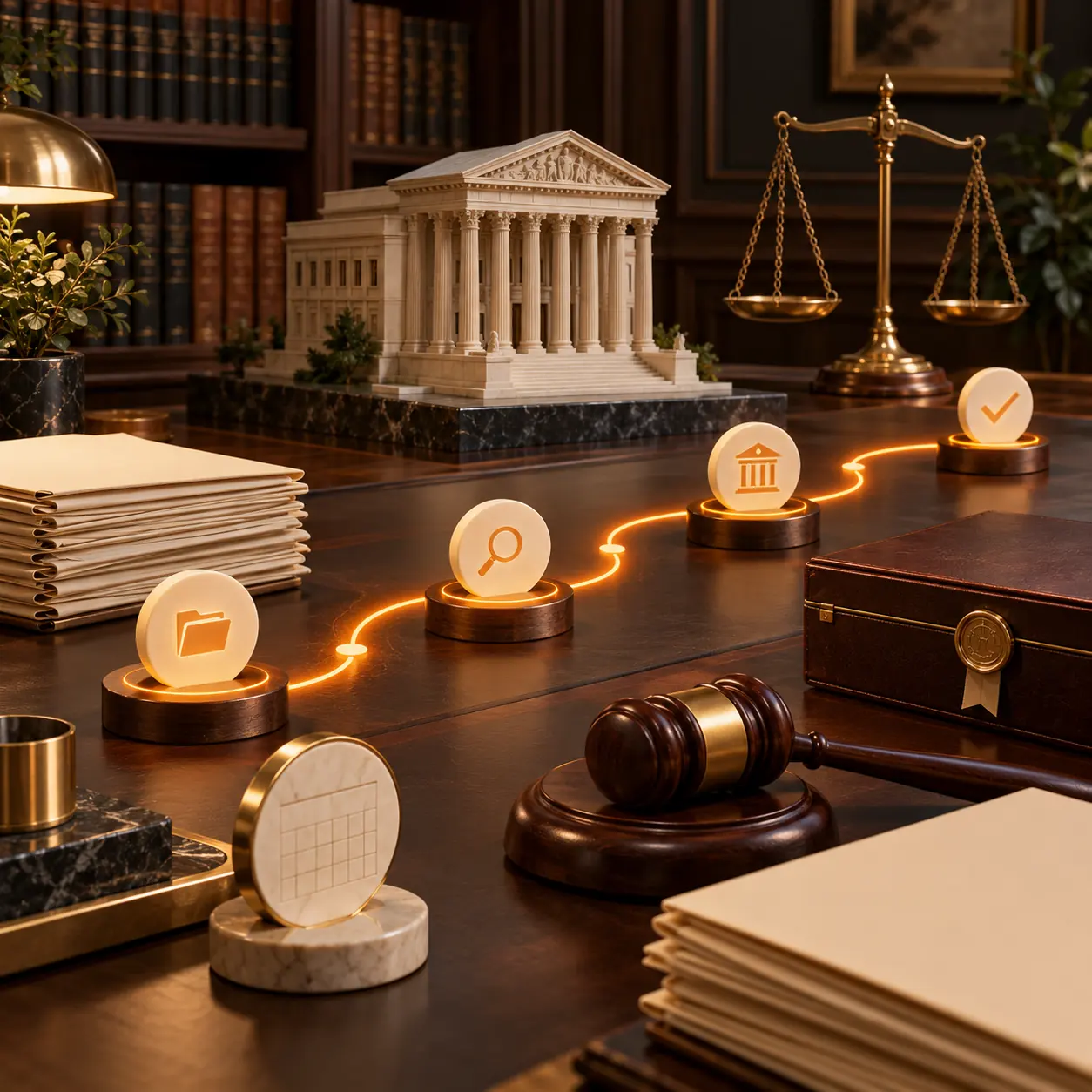 Law office with courthouse model, balance scale, gavel, case box and orange legal matter milestone path