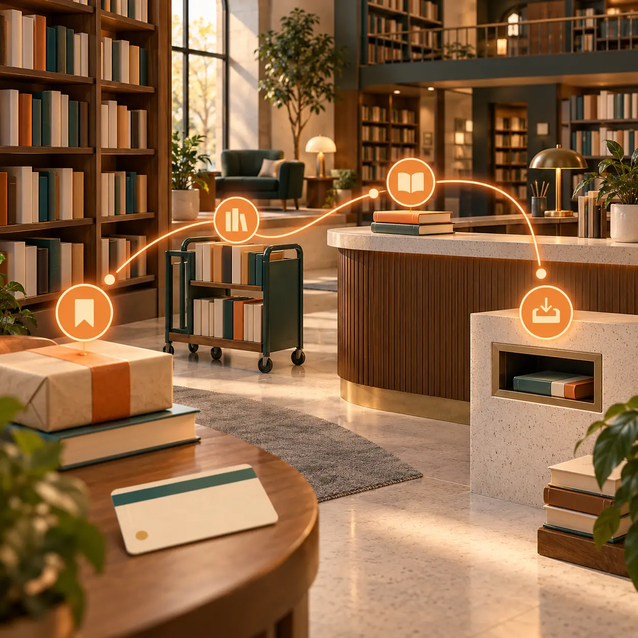 Contemporary library circulation desk with shelves, book cart, return slot and orange hold milestone path