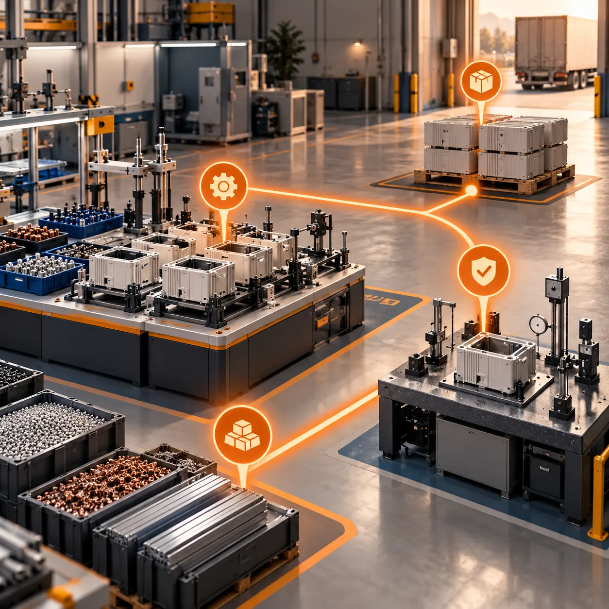 Manufacturing production cell with components, assembly fixtures, quality gauges, finished pallets and orange milestone path